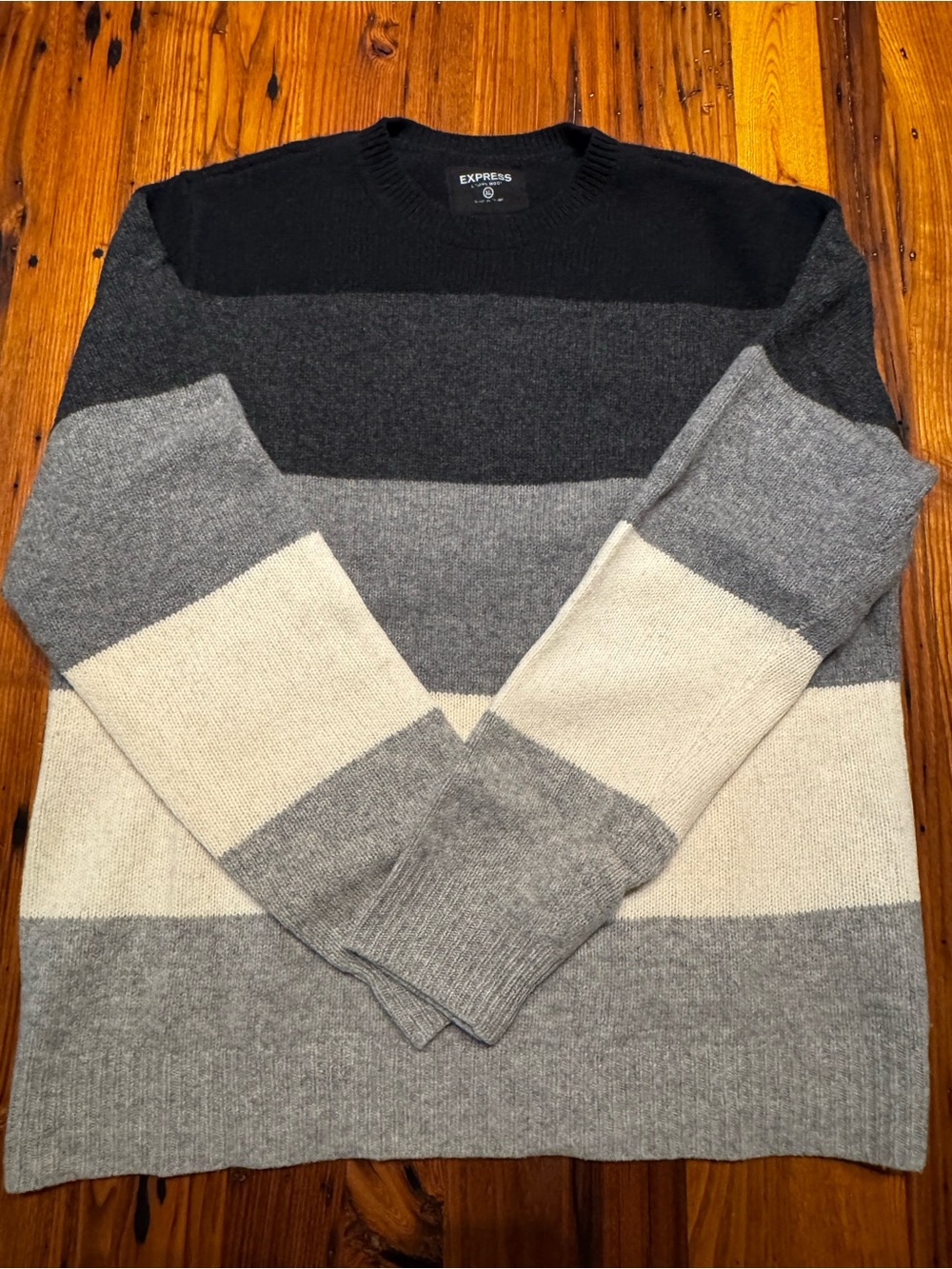 Express Lambswool Striped Sweater – Black/Gray/White, XL – Very Good
